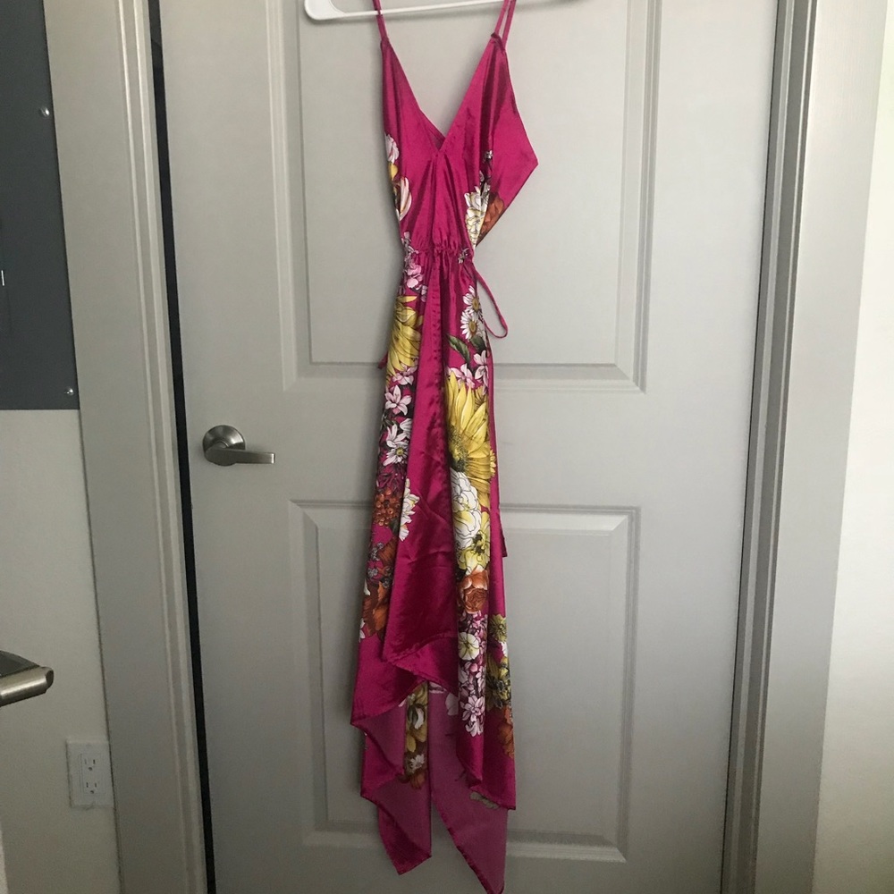 Hawaiian Tropical Magenta Chinoiserie Silk Satin Maxi Dress